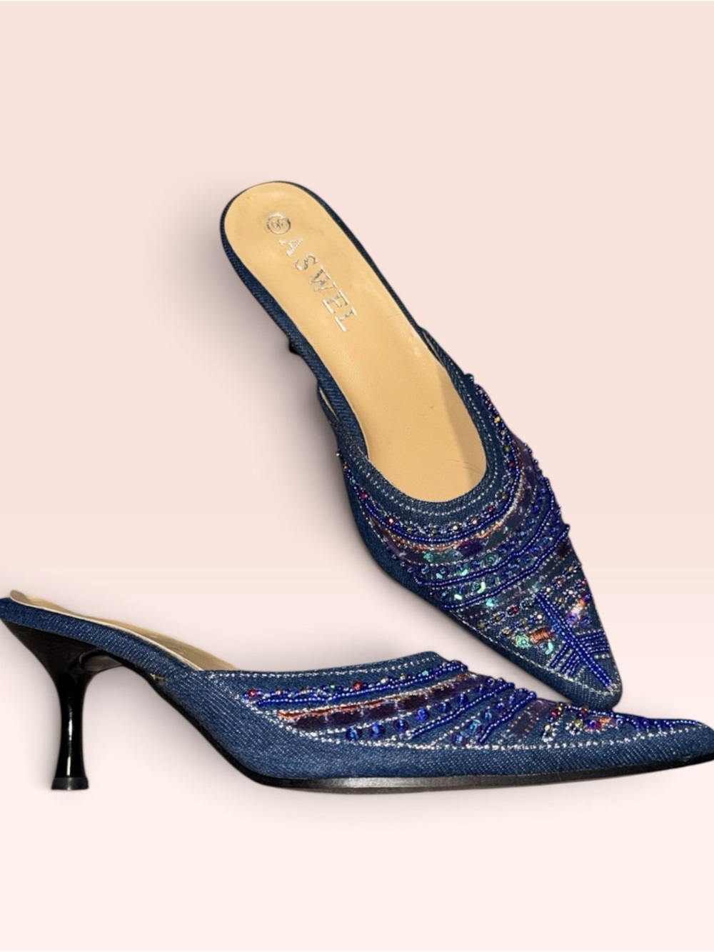 New! Vintage 90s Aswel denim beaded kitten mules sz 6